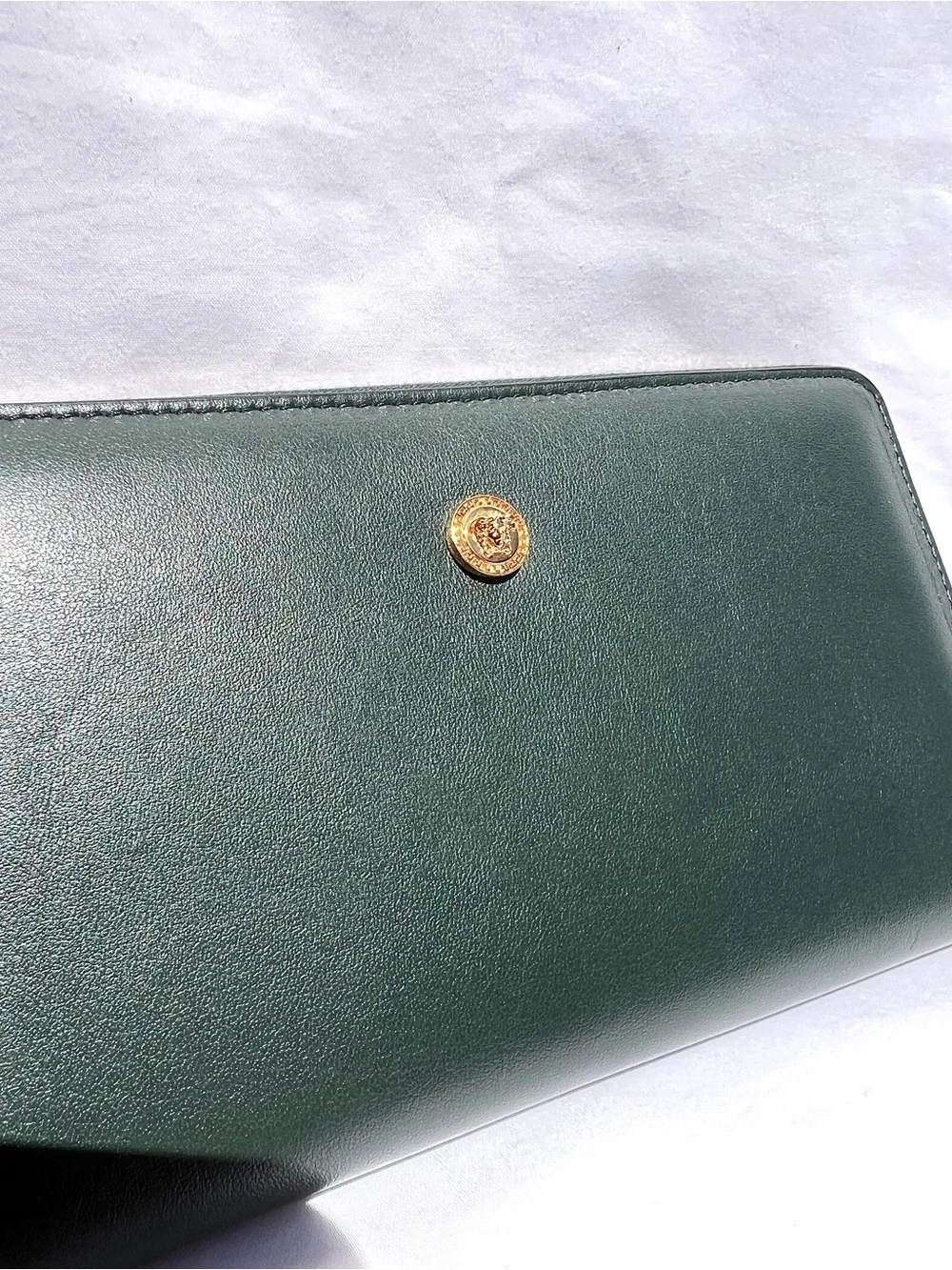 NEW $725 VERSACE Bottle Green Leather GOLD MEDUSA LOGO LargeContinental WALLET